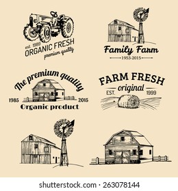 Vector retro set of farm fresh logotypes. Organic bio products badges collection. Eco food signs. Vintage hand sketched agricultural equipment icons.