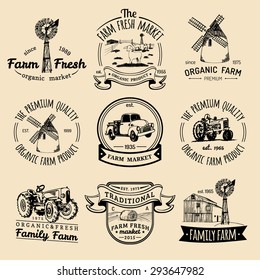 Vector retro set of farm fresh logotypes. Organic premium quality products badges collection. Eco food signs. Vintage hand sketched agricultural equipment labels.