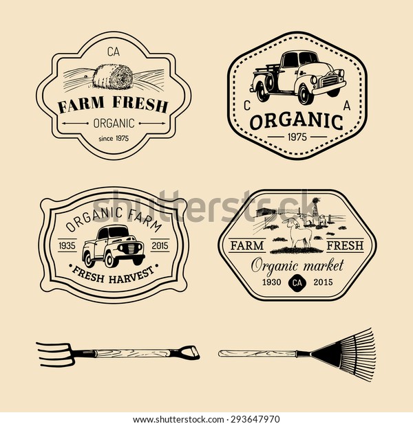 Vector retro set of farm\
fresh logotypes. Organic premium quality products badges\
collection. Eco food signs. Vintage hand sketched agricultural\
equipment labels.