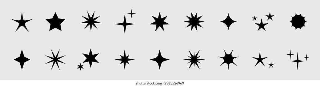 Vector retro set of futuristic sparkle icons. Collection of star shapes. Y2k abstract signs. Abstract cool shine 70s 80s 90s elements.