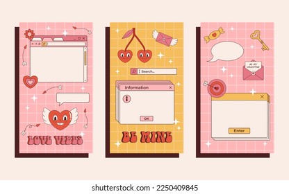 Vector retro set of Ig stories template for Valentines day. Vintage frames for text 90s y2k. Collection of romantic backgrounds with hearts and stars. Love and romance. Social media design. 