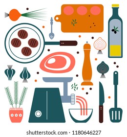 Vector retro set kitchen utensils. Cooking tools flat style. Cook equipment isolated objects.