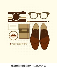 vector retro set of old-fashioned shoes, glasses , stationery and a camera