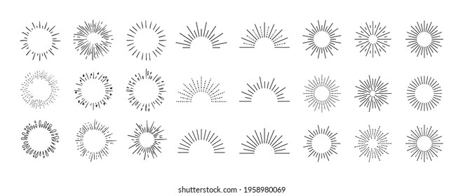 Vector retro shining icons collection, black drawings isolated on white background, glow signs set, rays, circle shapes, splashes.