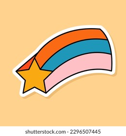 Vector Retro Shooting Star sticker isolated on yellow background. 70s style cartoon star and rainbow tale