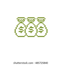 Vector retro sign made in pixel art style. Bags of money, economics and investment theme geometric pixilated symbol.