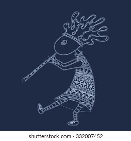 Vector retro sketch of lines the American fertility deity with a flute - Kokopelli.