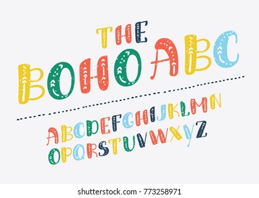 Vector of retro slanted boho alphabet. ABC in different colors on white baclground. English typeface for print, disign, posters, cards, baners, ads.