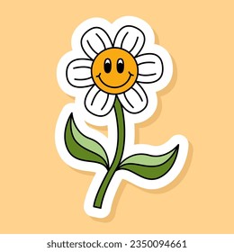 Vector Retro Smiling Chamomile sticker isolated on yellow background. 70s style cartoon icon