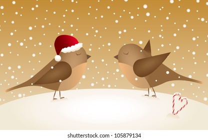 Vector retro snowy Christmas background with two birds in love