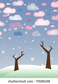 Vector - Retro Snowy Landscape with Leafless Trees - Season Winter