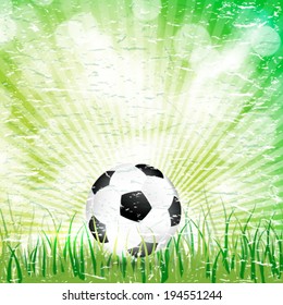 Vector retro soccer ball in the grass and sun light background. 