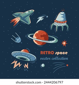 Vector retro space collection in hand-drawn style. Planets and spaceships on dark blue star background. Stylized cosmos design element. Vintage retro futuristic  card design