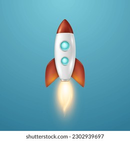 Vector Retro Space Rocket Ship Launch on Blue Sky Background. Space Rocket Design Template for Business, Start Up Project, Development Process, Creative Idea etc