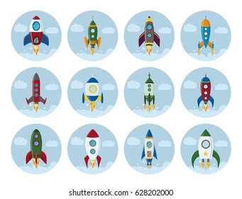 Vector retro space rocket ship icon set in a flat style. Design elements for background with project start up and development process, creative idea etc.
