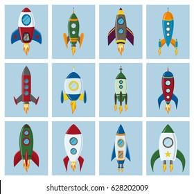 Vector retro space rocket ship icon set in a flat style. Design elements for background with project start up and development process, creative idea etc.