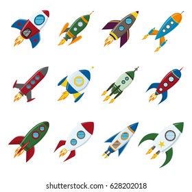 Vector retro space rocket ship icon set in a flat style. Design elements for background with project start up and development process, creative idea etc.