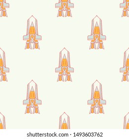 Vector Retro SpaceShip Adventure in Space seamless pattern background.