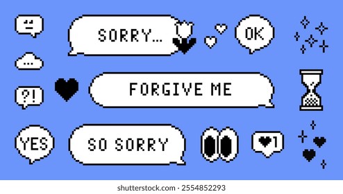 Vector retro speech bubble with text saying Sorry, Forgive me. Y2k sticker set in pixel art. 8 bit design for text messages. Simple geometric form. Mood of 90s aesthetics. Game abstract elements