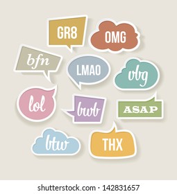 Vector retro speech bubbles with texting acronyms and abbreviations.