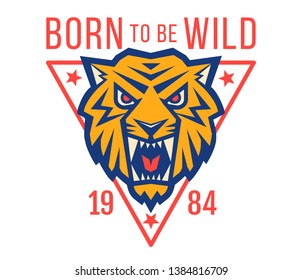 Vector retro sport logo with head od a tiger. Vintage print fo t-shirt with angry tiger