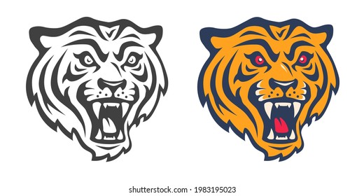 Vector retro sport logo with head of a tiger. Vintage print for t-shirt of angry tiger. Vector set icons of tiger head.