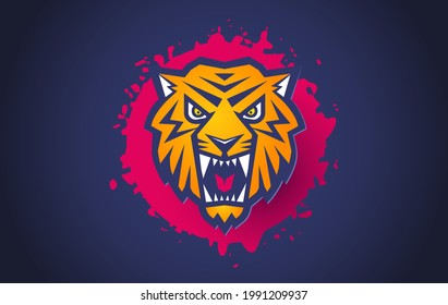Vector retro sport logo with head of a tiger. Vintage print for t-shirt of angry tiger with blood drops.