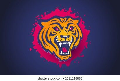 Vector retro sport logo with head of a tiger. Vintage print for t-shirt of angry tiger with blood drops.
