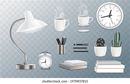  Vector retro stationery set objects with retro lamp, alarm, clock, coffee cup, plants, books, notebooks, pens and pencils