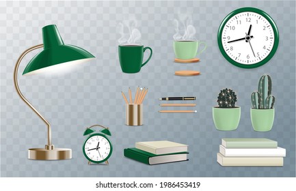 Vector retro stationery set objects with retro lamp, alarm, clock, coffee cup, plants, books, notebooks, pens and pencils