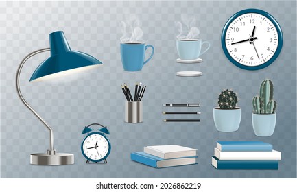 Vector retro stationery set objects with retro lamp, alarm, clock, coffee cup, plants, books, notebooks, pens and pencils