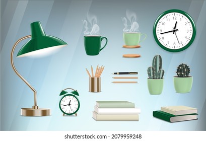 Vector retro stationery set objects with retro lamp, alarm, clock, coffee cup, plants, books, notebooks, pens and pencils. 
