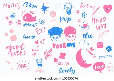 Vector Retro Stickers Graphics Collection, Hand Drawn Doodle Elements Set, Pop Color Backgrounds, Retro Apparel Sticker Illustration, Lovely Characters