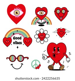 Vector retro stickers with hearts. Surrealistyc illustration