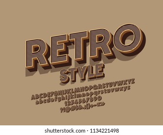 Vector retro style Alphabet Letters, Numbers and Symbols. 3D Vintage Font for banner, emblem, logo
