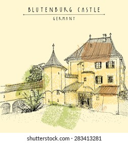 Vector retro style artistic sketchy freehand illustration postcard with a view of Blutenburg castle near Munich, Bavaria, Germany, Europe. Black ink pen line. Greeting card graphic design template