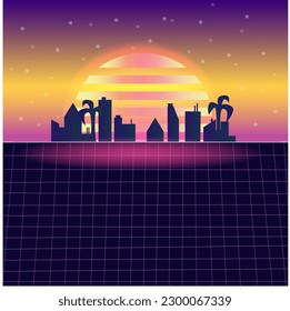 iluminación vectorial estilo retro fondo con colores púrpura, gran sol y edificios y palmeras en el fondo