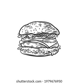 Vector retro style burger illustration, black outline borger isolated on white background.
