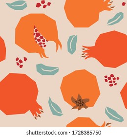 Vector Retro Style Collage Pomegranate Muster mit beigefarbenem Hintergrund