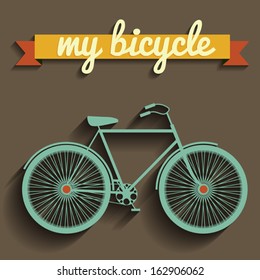 Vector retro style flat illustration with bicycle, ribbon and shadow