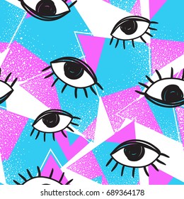 Vector retro style futuristic seamless pattern. Vintage colorful background. All seeing eye symbol. Eighties fashion illustration. 80s fashion, 80s party, 80s style. Best template for your design.