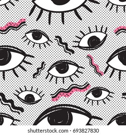 Vector retro style futuristic seamless pattern. Vintage colorful background. All seeing eye symbol. Eighties fashion illustration. 80s fashion, 80s party, 80s style. Best template for your design.