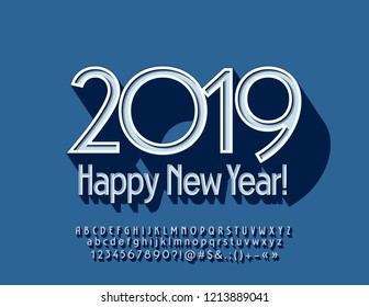 Vector retro style greeting card Happy New Year 2019. Hipster Alphabet Letters, Numbers and Symbols. Vintage 3D Font.