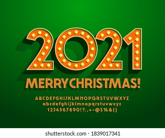 Vektor Retro Stil Grußkarte Frohe Weihnachten 2021! Vintage-Lampe Schriftart. Alphabet-Buchstaben und -Zahlen mit Glühbirnen