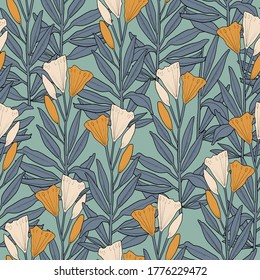 Vector retro style grey leaf floral seamless pattern	