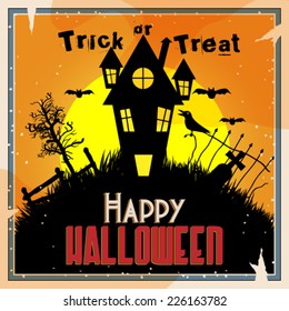 Vector retro style halloween background, graveyard with haunted house illustration
