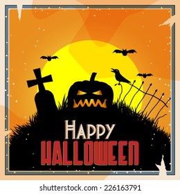 Vector retro style halloween background, graveyard with evil pumpkin lantern illustration