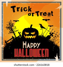 Vector retro style halloween background, graveyard with evil jack-o lantern illustration