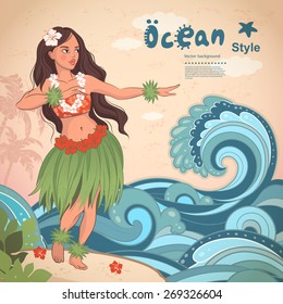Vector Retro style Hawaiian beautiful hula girl 