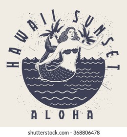 Vector Retro style Hawaiian beautiful mermaid.
